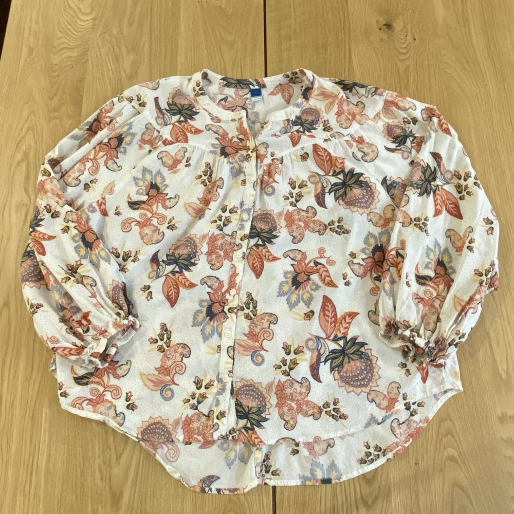 old navy floral blouse Large Womens Orange Blue Ivory Button Down Balloon Sleeve